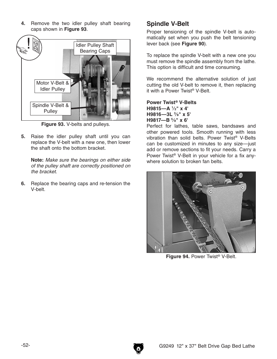 Spindle v-belt | Grizzly G9249 User Manual | Page 54 / 92