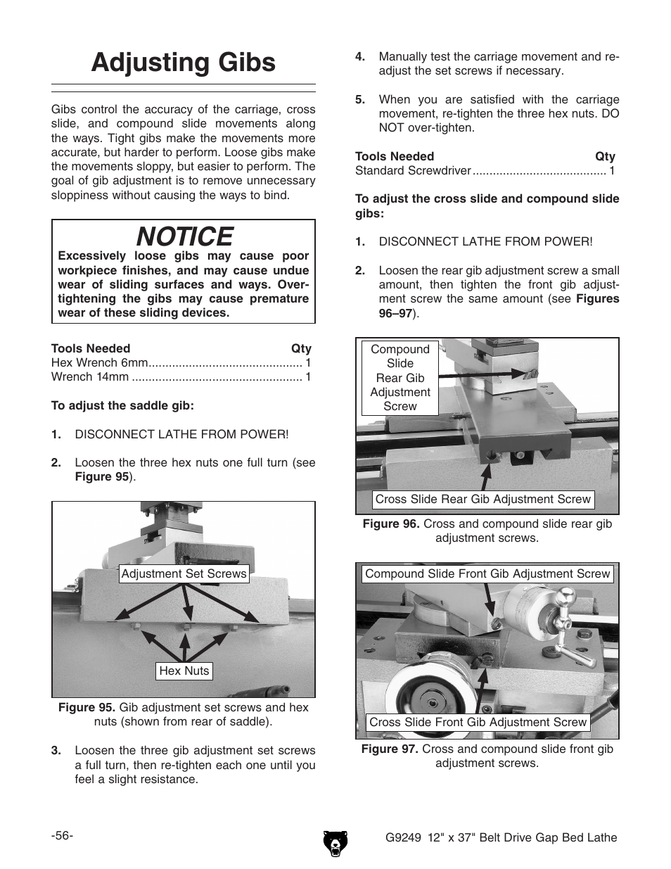 Adjusting gibs, Notice | Grizzly G9249 User Manual | Page 58 / 92