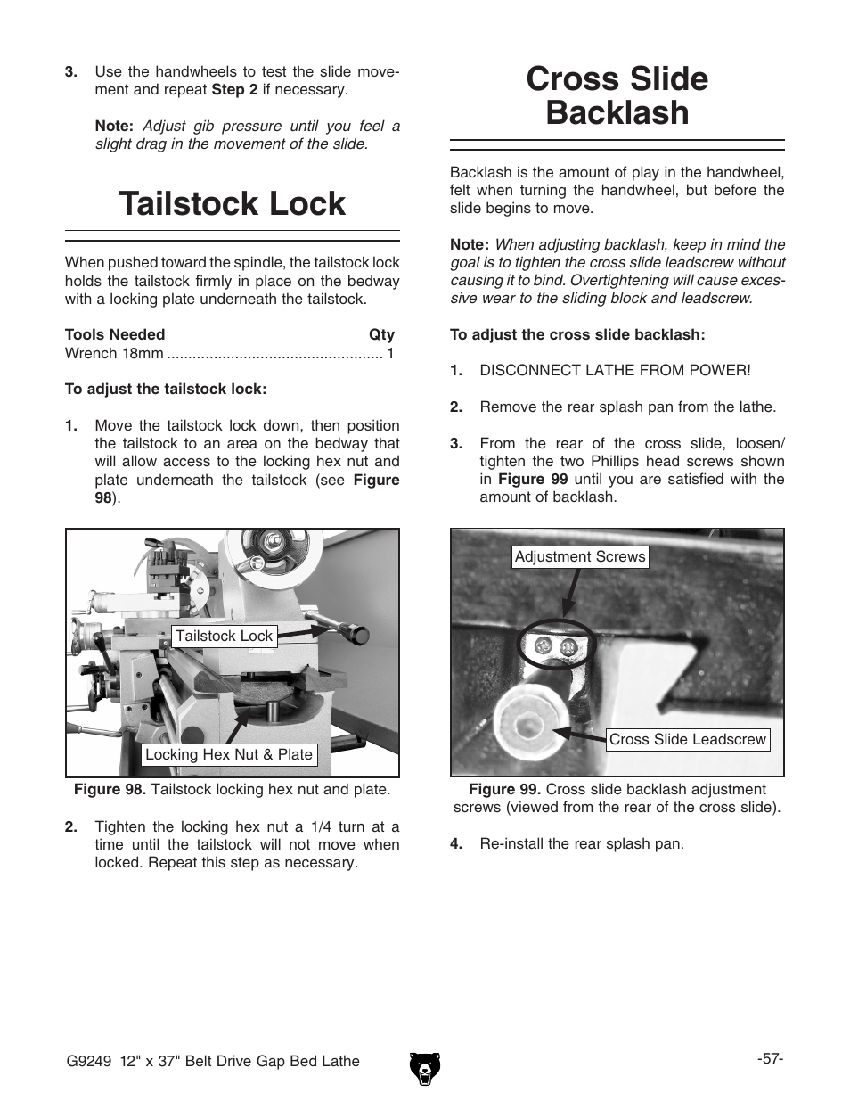 Tailstock lock, Cross slide backlash | Grizzly G9249 User Manual | Page 59 / 92