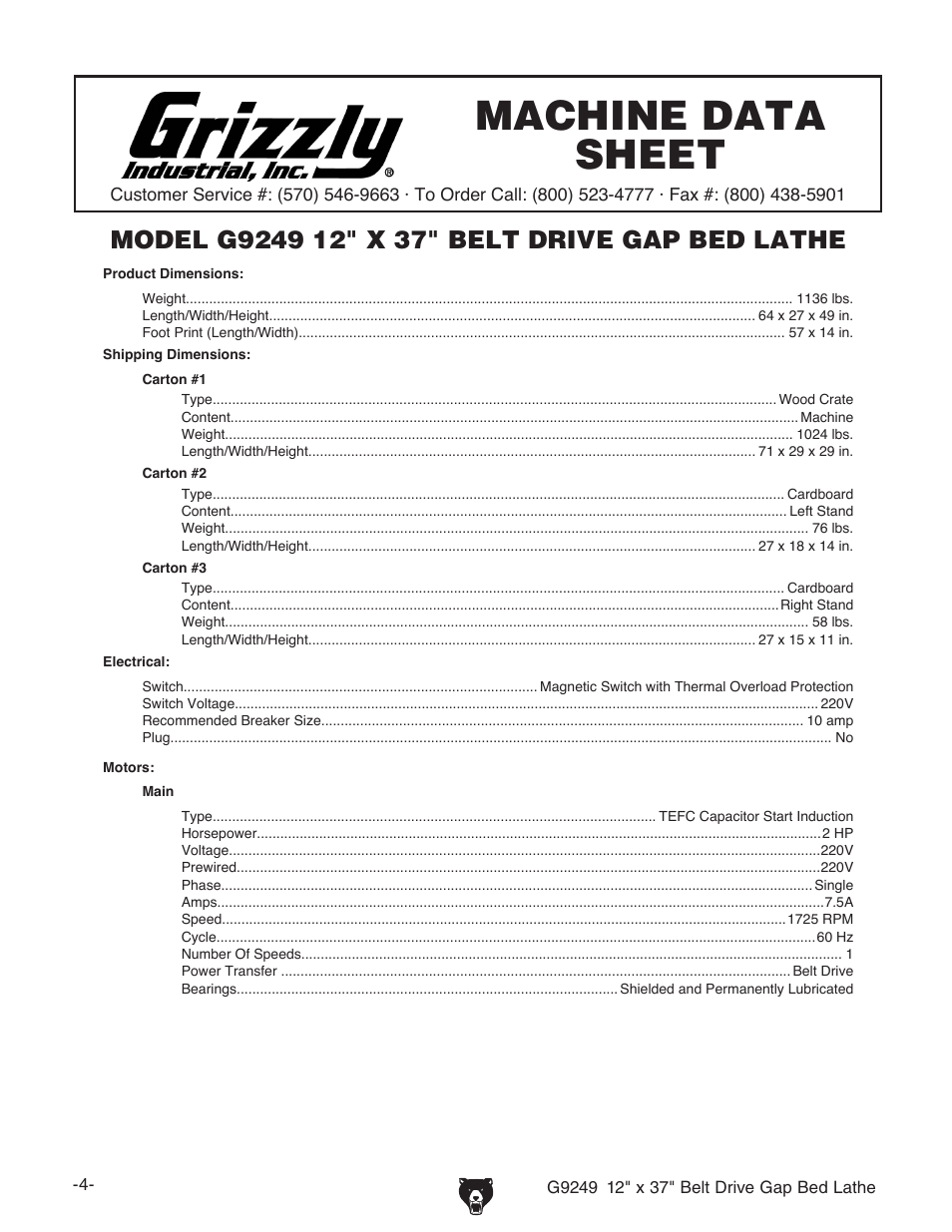 Machine data sheet | Grizzly G9249 User Manual | Page 6 / 92