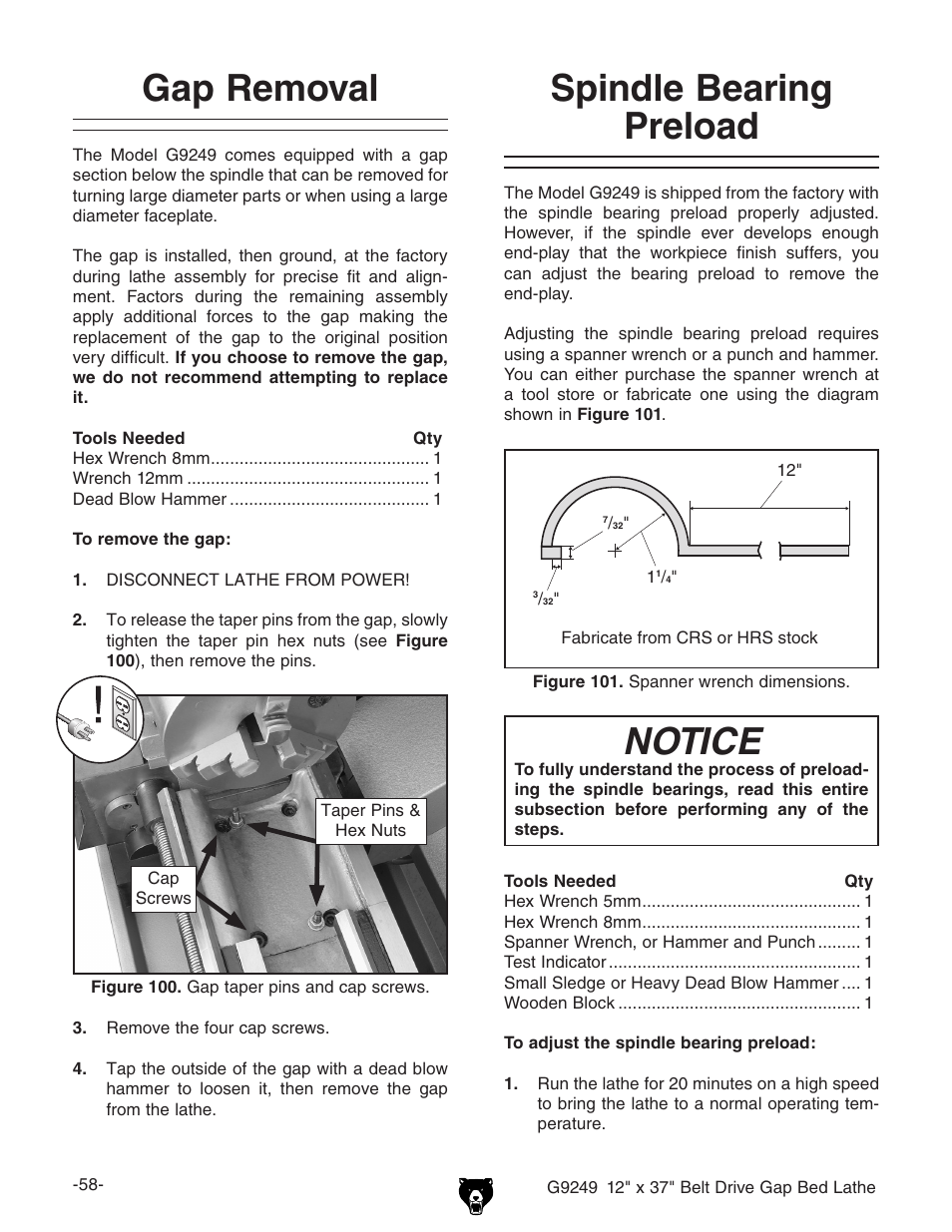 Gap removal, Spindle bearing preload, Notice | Grizzly G9249 User Manual | Page 60 / 92