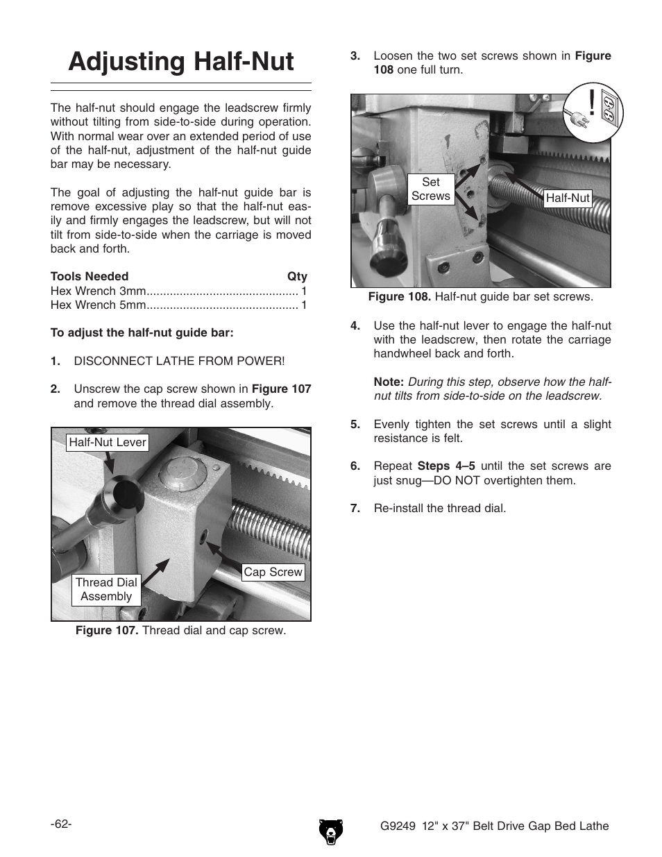 Adjusting half-nut | Grizzly G9249 User Manual | Page 64 / 92