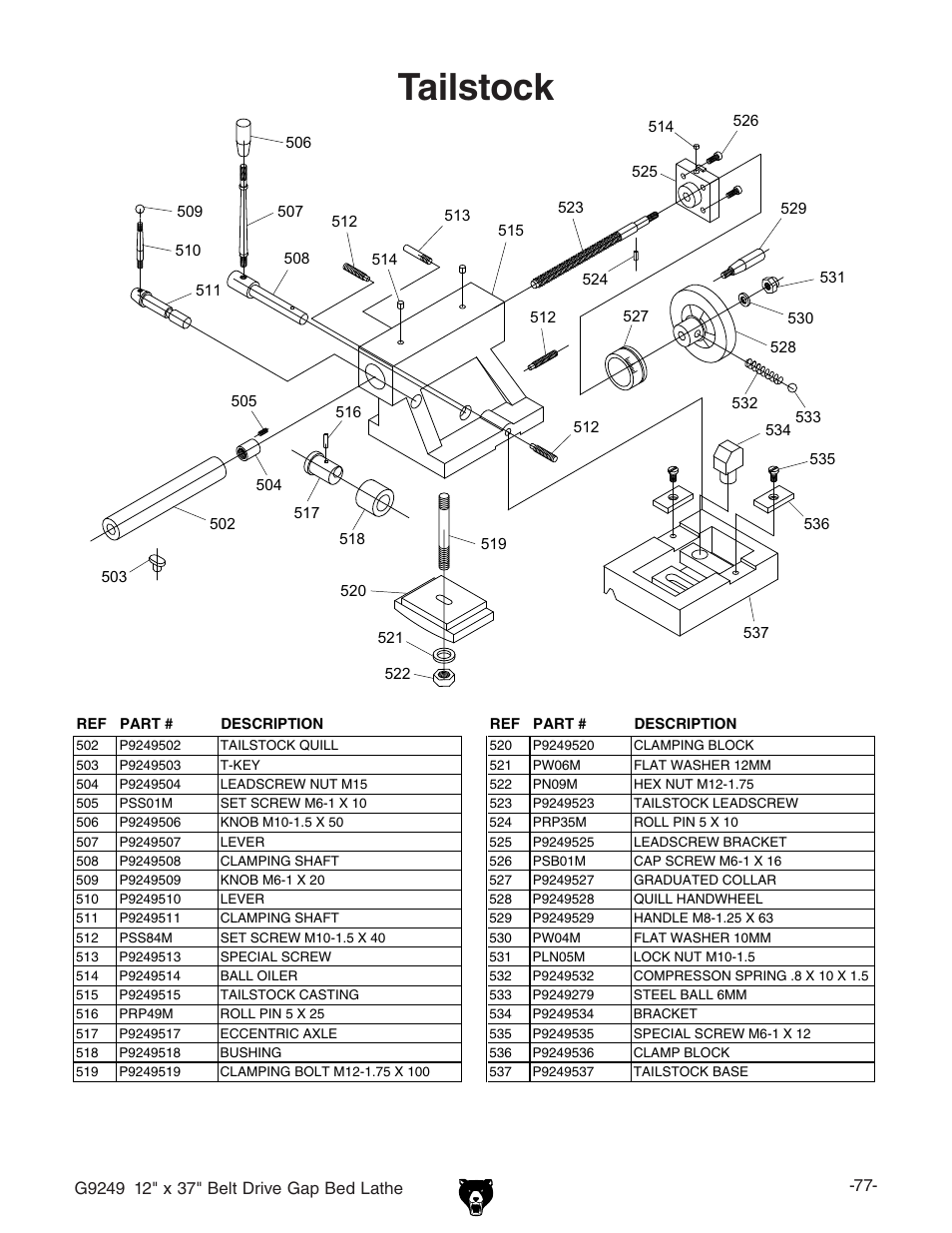 Tailstock | Grizzly G9249 User Manual | Page 79 / 92