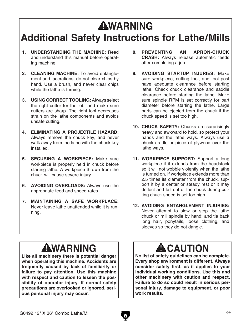 Additional safety instructions for lathe/mills | Grizzly G0492 User Manual | Page 11 / 76