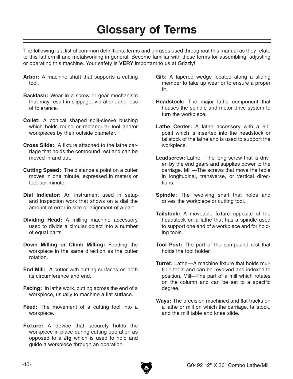Glossary of terms | Grizzly G0492 User Manual | Page 12 / 76