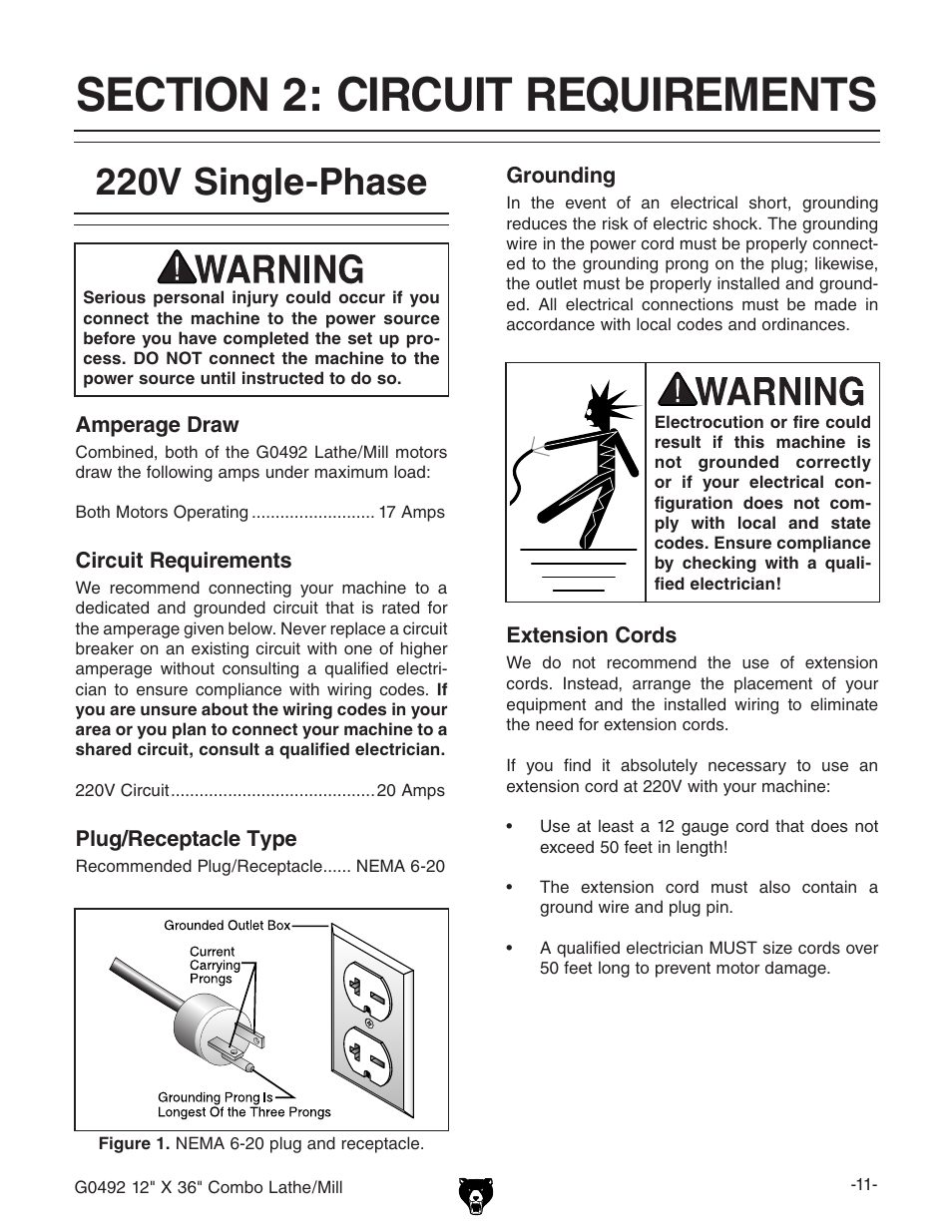 220v single-phase | Grizzly G0492 User Manual | Page 13 / 76