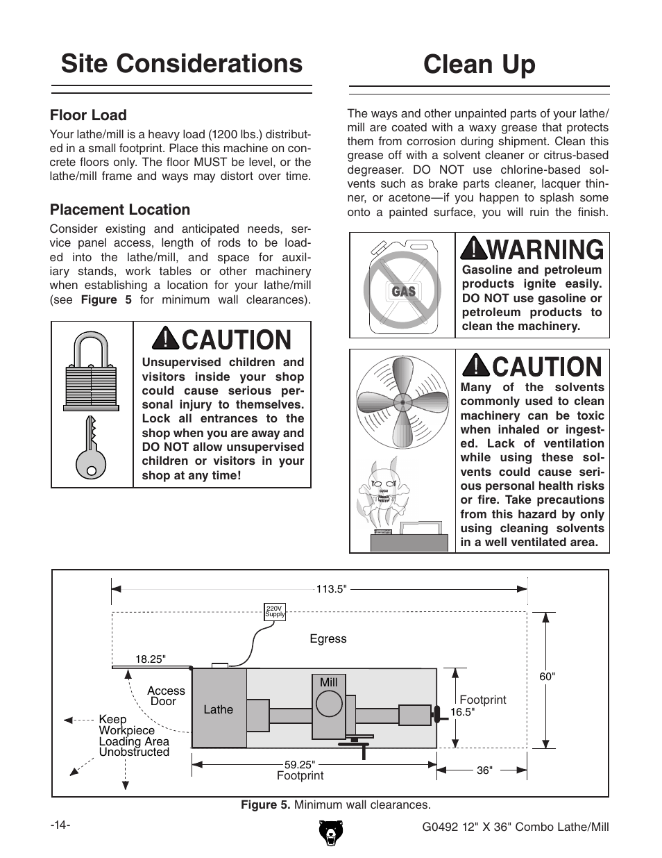 Site considerations clean up, Floor load, Placement location | Grizzly G0492 User Manual | Page 16 / 76