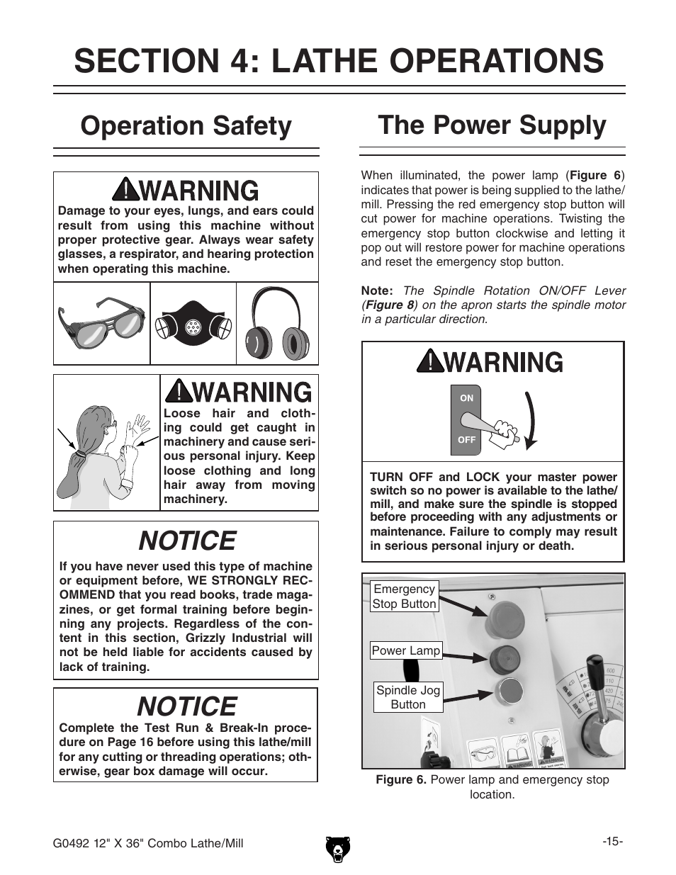 Operation safety, The power supply, Notice | Grizzly G0492 User Manual | Page 17 / 76