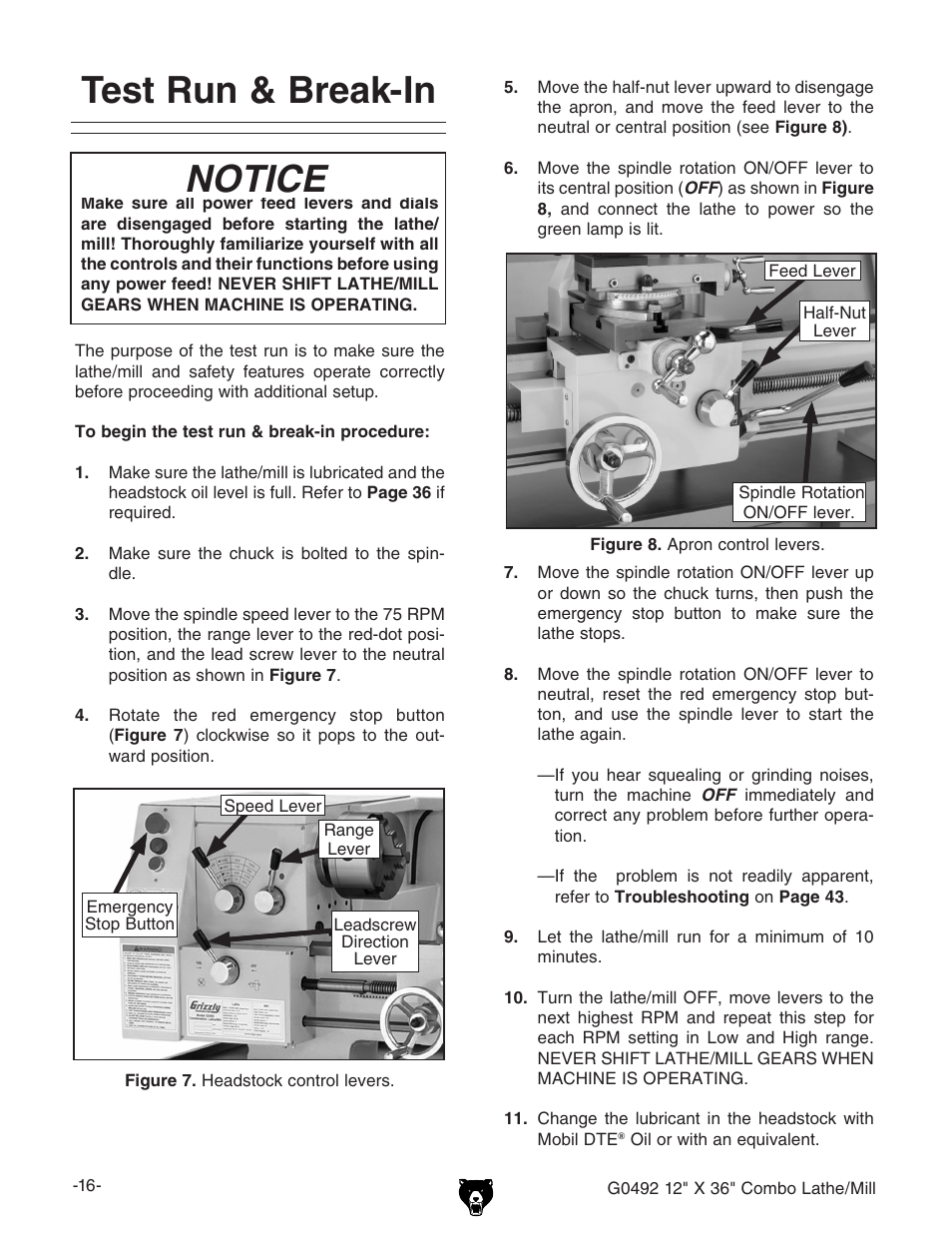 Test run & break-in, Notice | Grizzly G0492 User Manual | Page 18 / 76