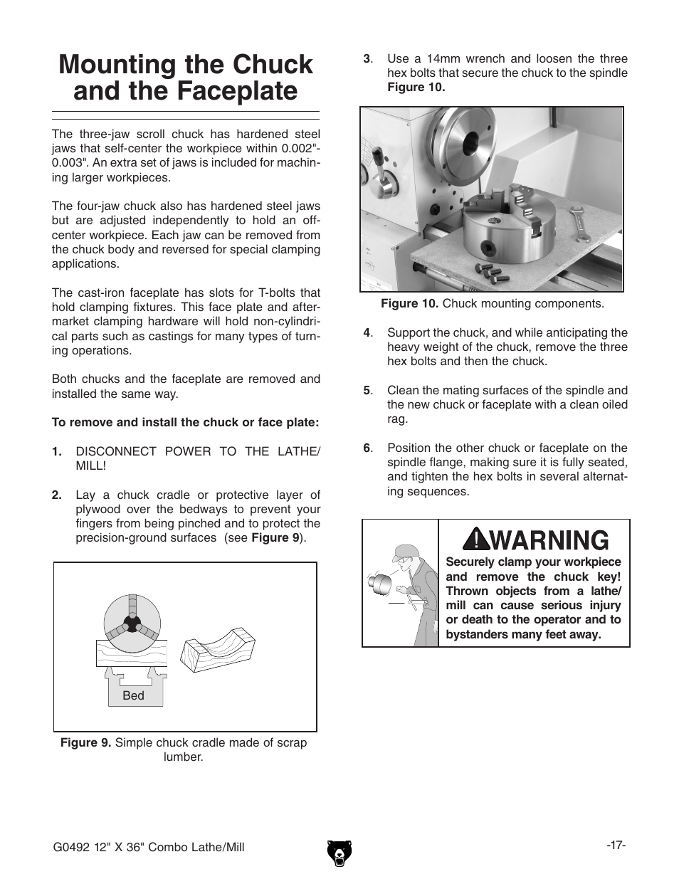 Mounting the chuck and the faceplate | Grizzly G0492 User Manual | Page 19 / 76