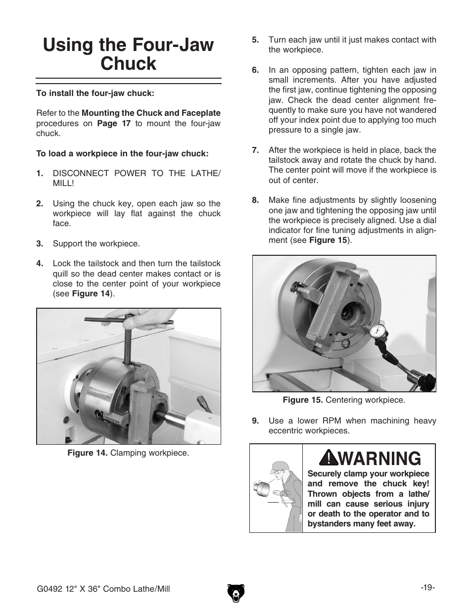Using the four-jaw chuck | Grizzly G0492 User Manual | Page 21 / 76