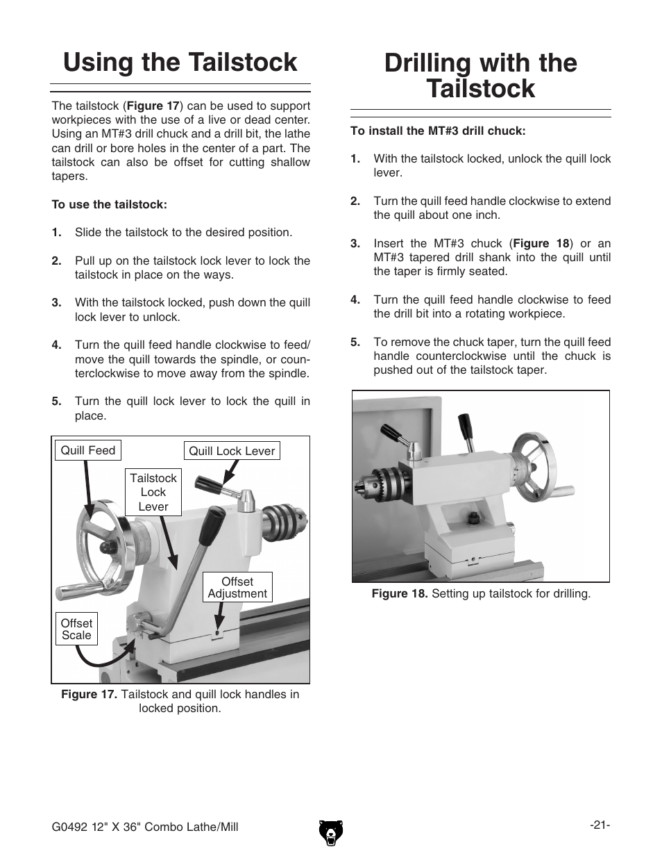 Using the tailstock drilling with the tailstock | Grizzly G0492 User Manual | Page 23 / 76