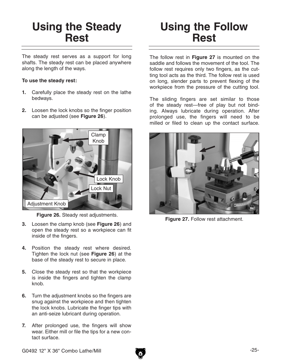 Using the steady rest using the follow rest | Grizzly G0492 User Manual | Page 27 / 76