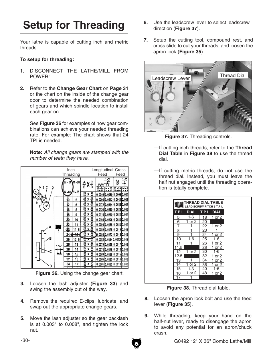 Setup for threading | Grizzly G0492 User Manual | Page 32 / 76