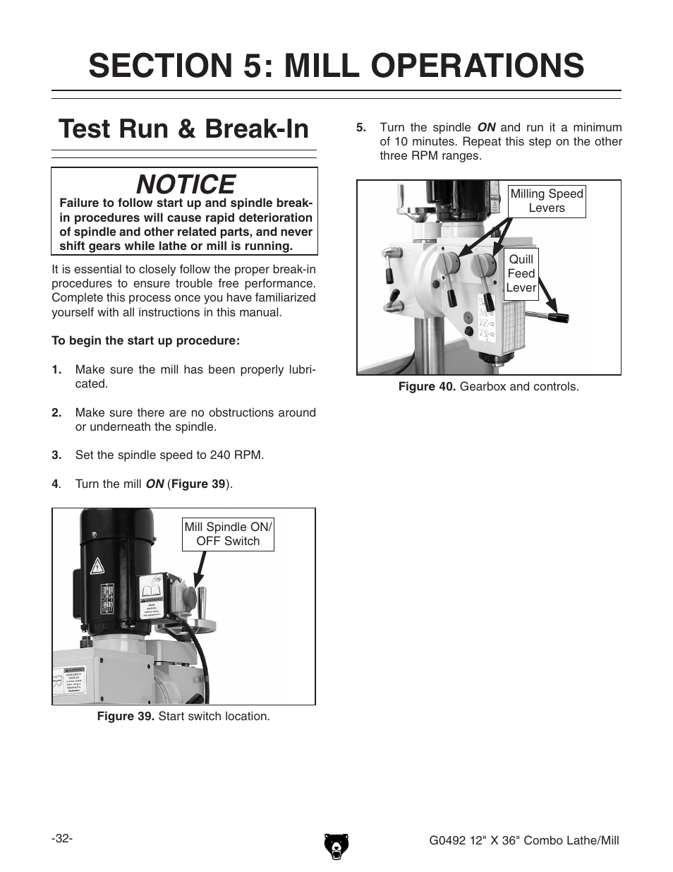 Notice test run & break-in | Grizzly G0492 User Manual | Page 34 / 76