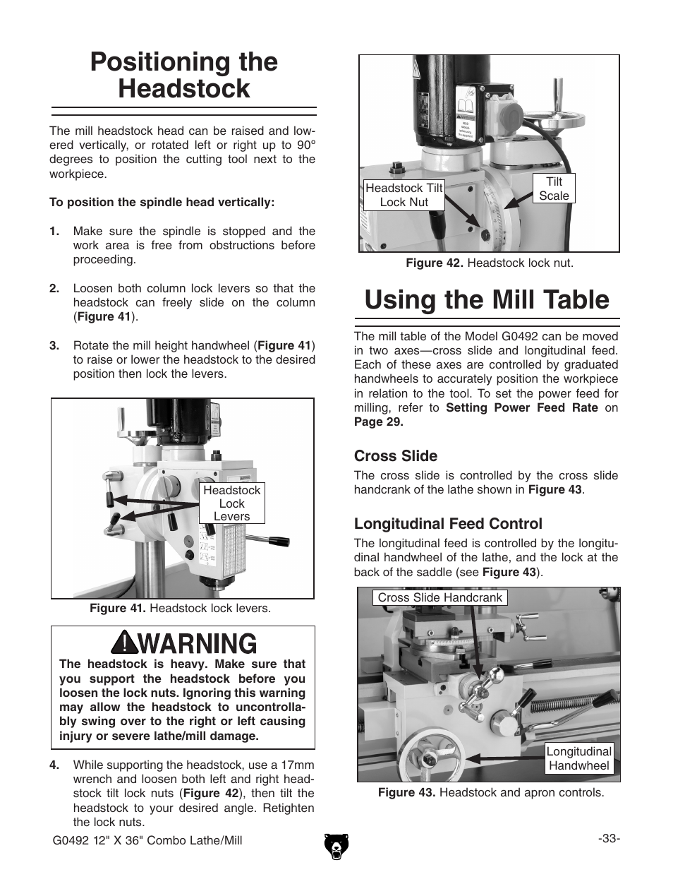 Positioning the headstock, Using the mill table | Grizzly G0492 User Manual | Page 35 / 76