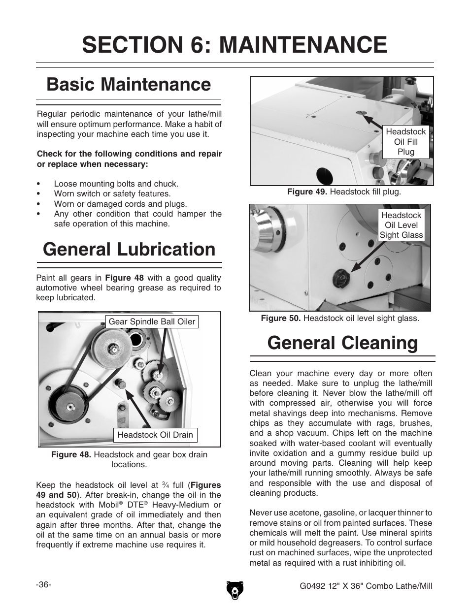 General cleaning, Basic maintenance, General lubrication | Grizzly G0492 User Manual | Page 38 / 76