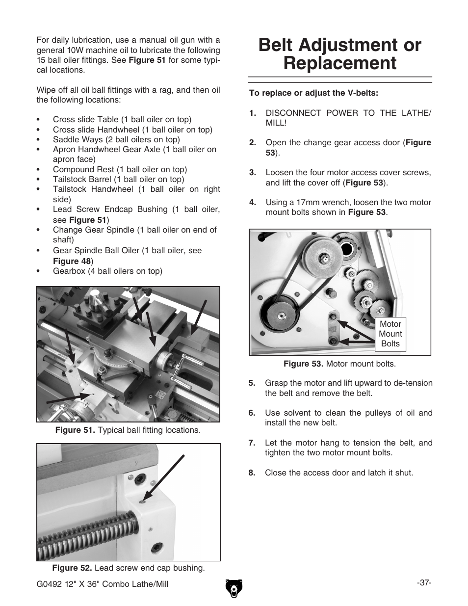 Belt adjustment or replacement | Grizzly G0492 User Manual | Page 39 / 76