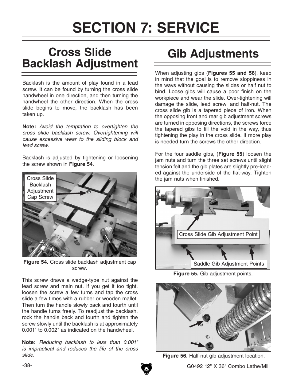 Gib adjustments, Cross slide backlash adjustment | Grizzly G0492 User Manual | Page 40 / 76