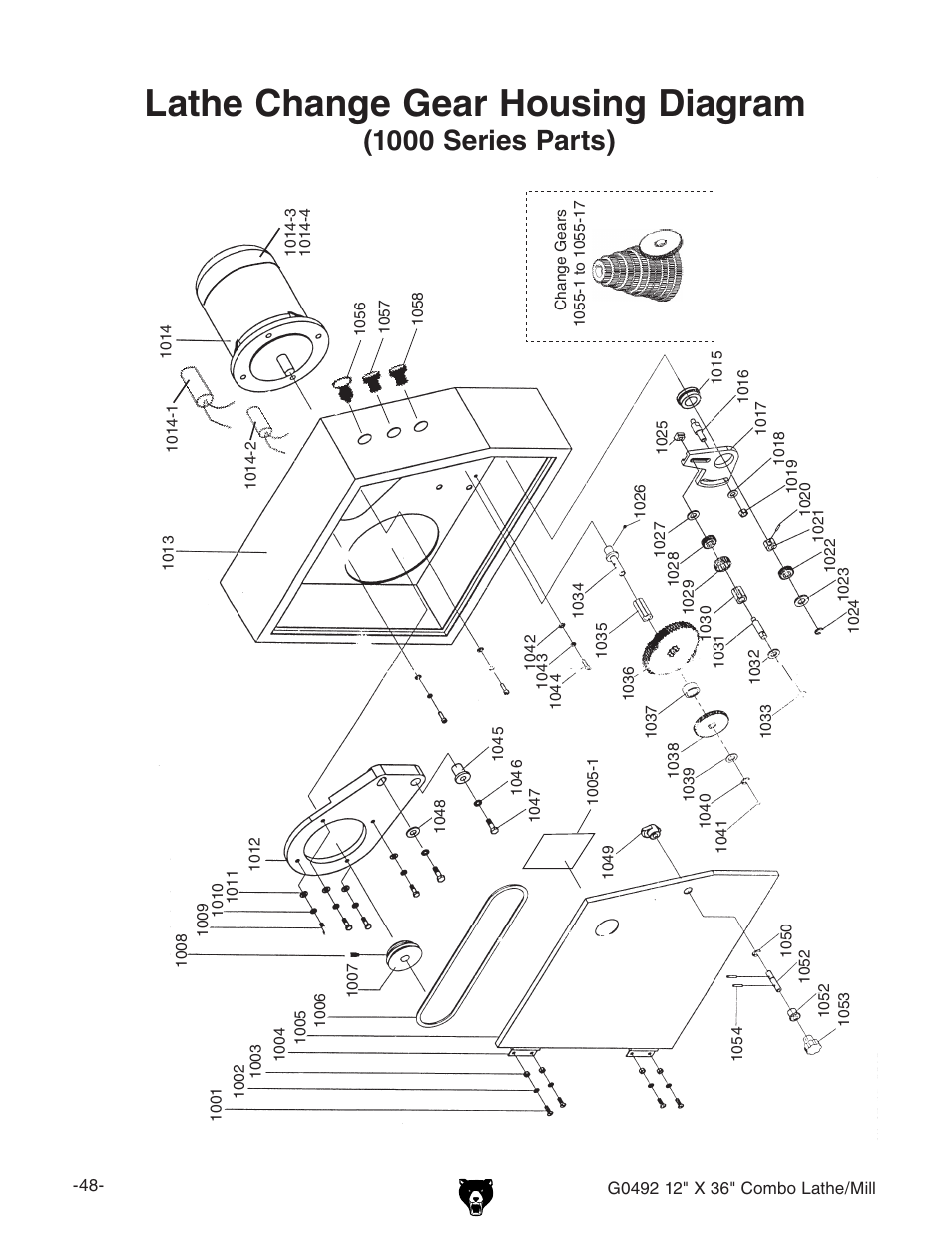 Lathe change gear housing diagram, 1000 series parts) | Grizzly G0492 User Manual | Page 50 / 76