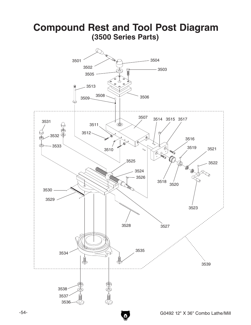Compound rest and tool post diagram, 3500 series parts) | Grizzly G0492 User Manual | Page 56 / 76