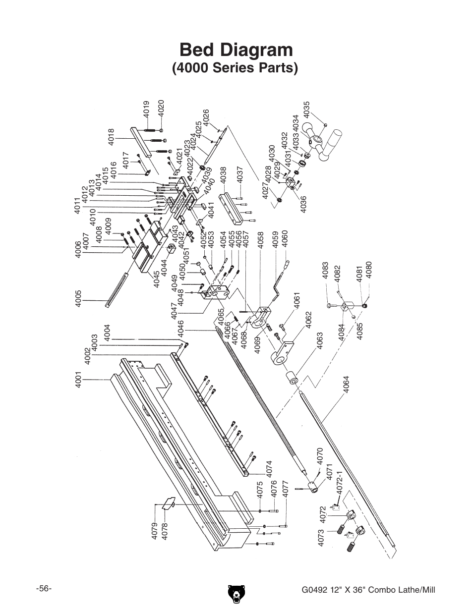 Bed diagram, 4000 series parts) | Grizzly G0492 User Manual | Page 58 / 76