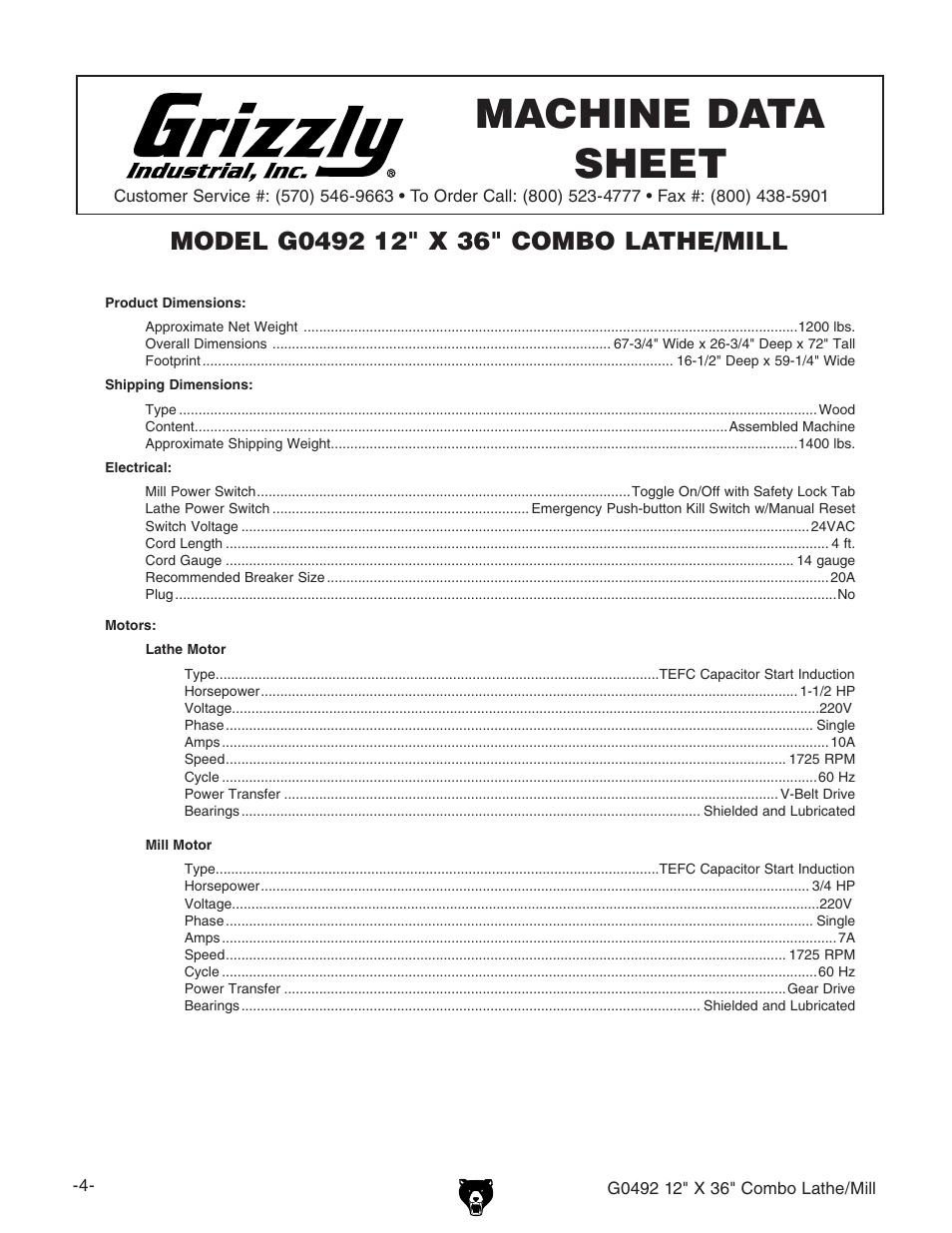 Machine data sheet | Grizzly G0492 User Manual | Page 6 / 76