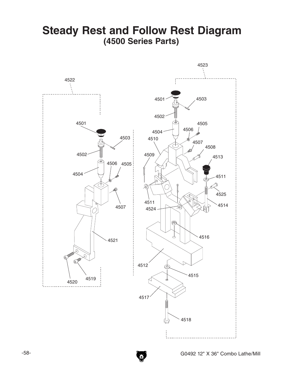 Steady rest and follow rest diagram, 4500 series parts) | Grizzly G0492 User Manual | Page 60 / 76