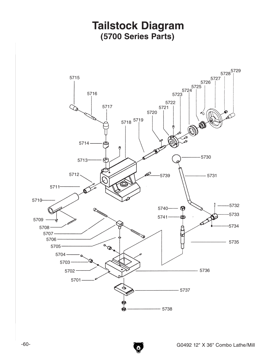 Tailstock diagram, 5700 series parts) | Grizzly G0492 User Manual | Page 62 / 76