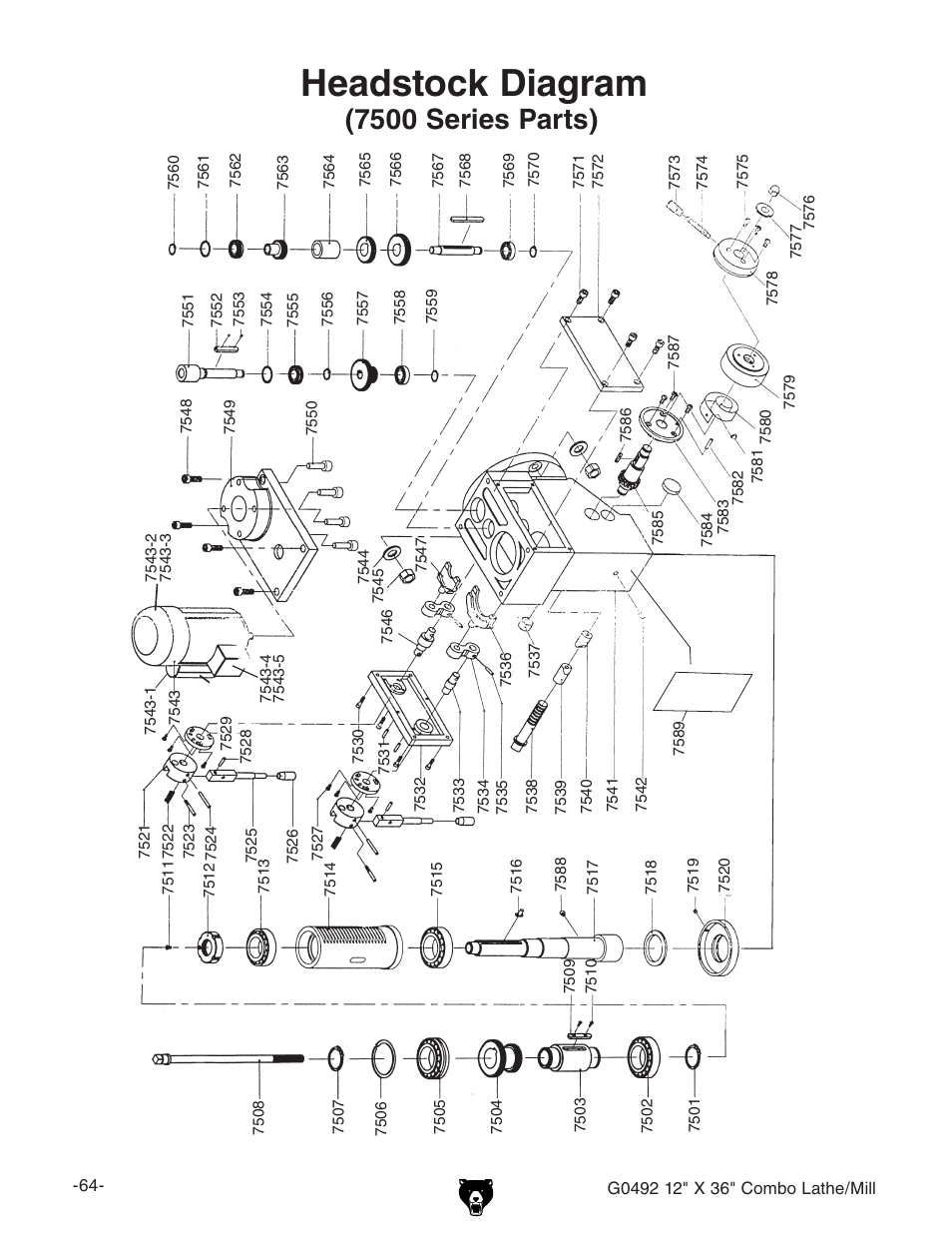 Headstock diagram, 7500 series parts) | Grizzly G0492 User Manual | Page 66 / 76