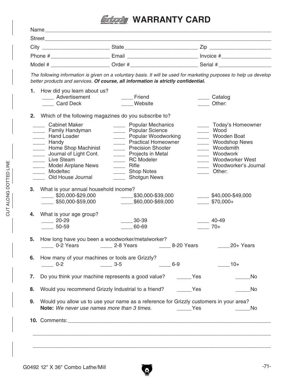 Grizzly G0492 User Manual | Page 73 / 76