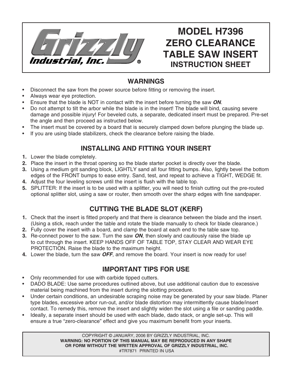 Grizzly Zero Clearance Table Insert H7396 User Manual | 1 page