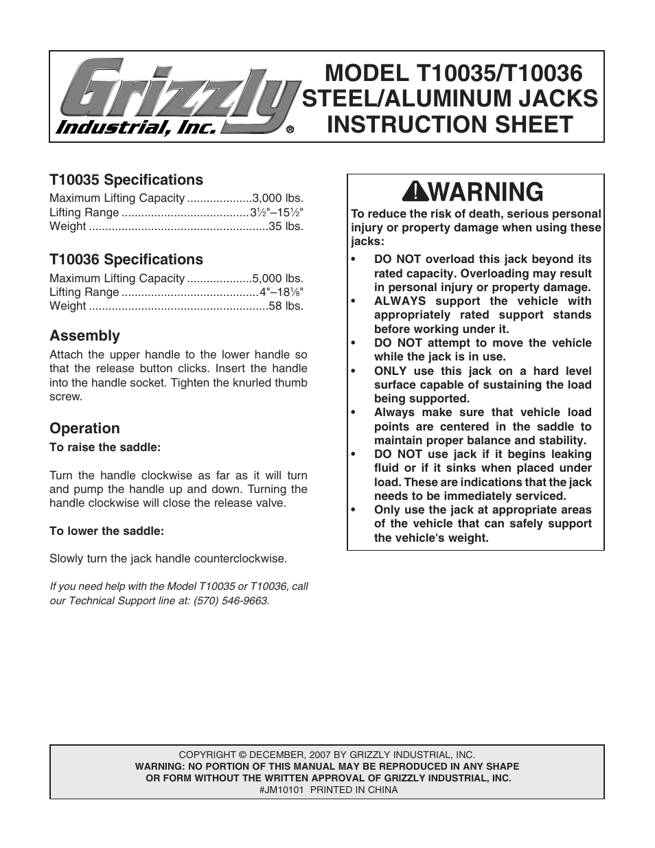 Grizzly Steel/Aluminum Jacks T10035 User Manual | 8 pages