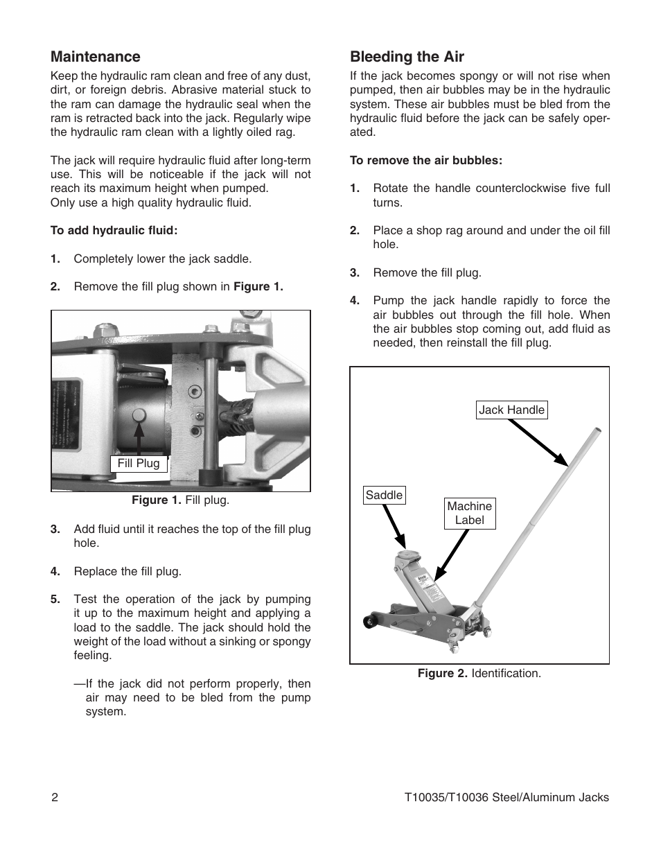 Maintenance, Bleeding the air | Grizzly Steel/Aluminum Jacks T10035 User Manual | Page 2 / 8