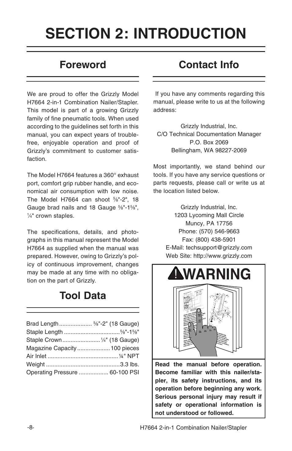 Foreword contact info tool data | Grizzly H7664 User Manual | Page 8 / 24