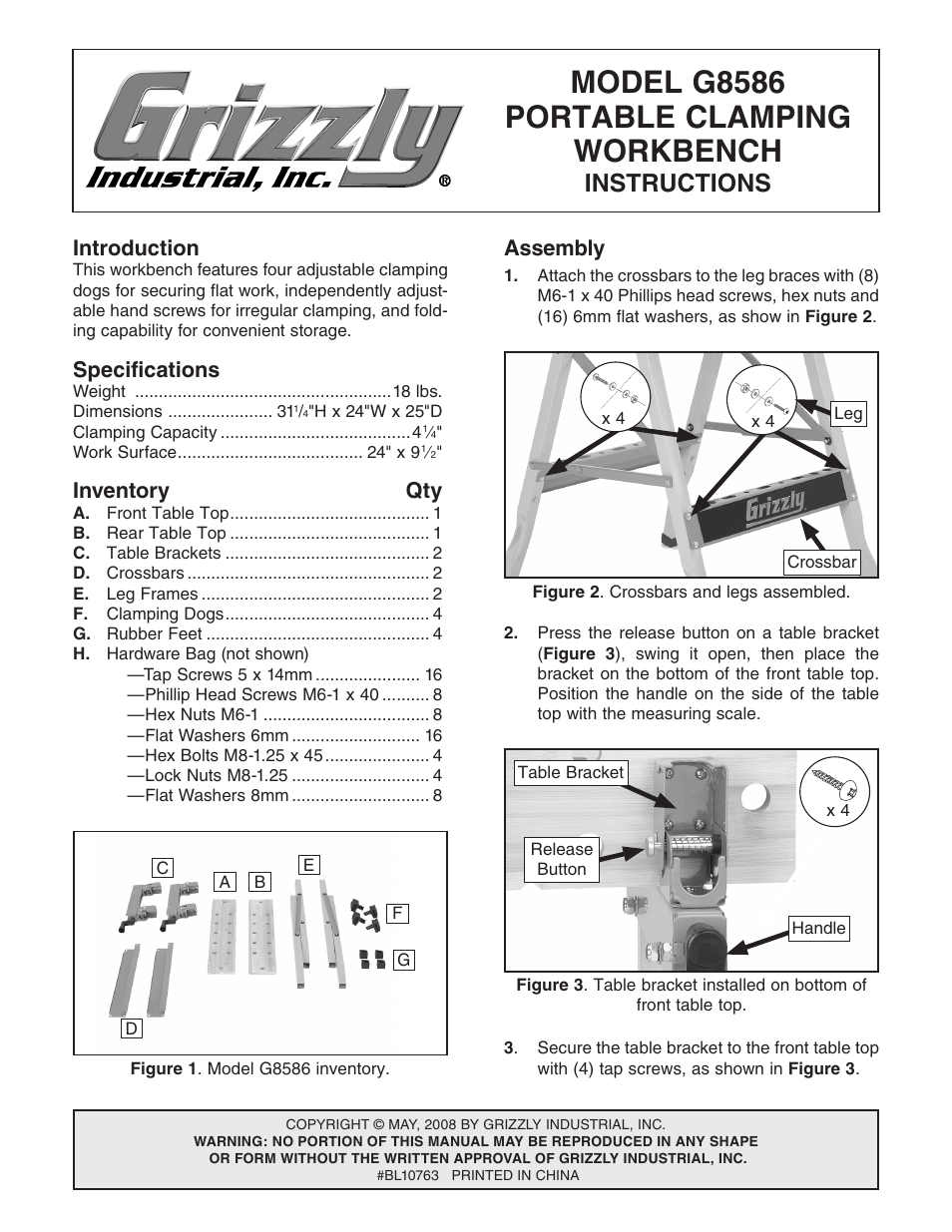 Grizzly Portable Clamping Workbench G8586 User Manual | 2 pages