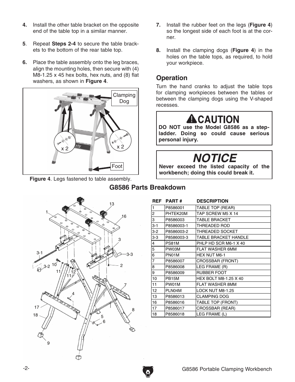 Notice, Operation, G8586 parts breakdown | Grizzly Portable Clamping Workbench G8586 User Manual | Page 2 / 2