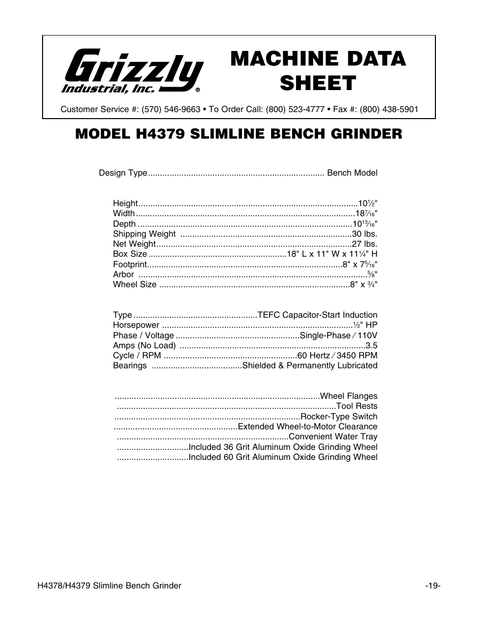 Machine data sheet, Model h4379 slimline bench grinder | Grizzly G7298 User Manual | Page 21 / 28