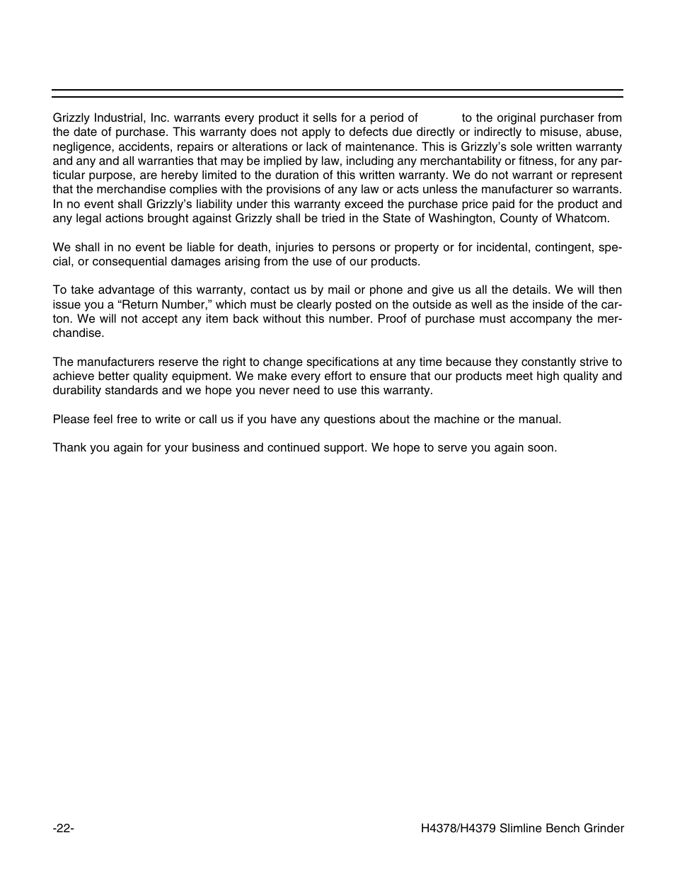 Warranty and returns | Grizzly G7298 User Manual | Page 24 / 28
