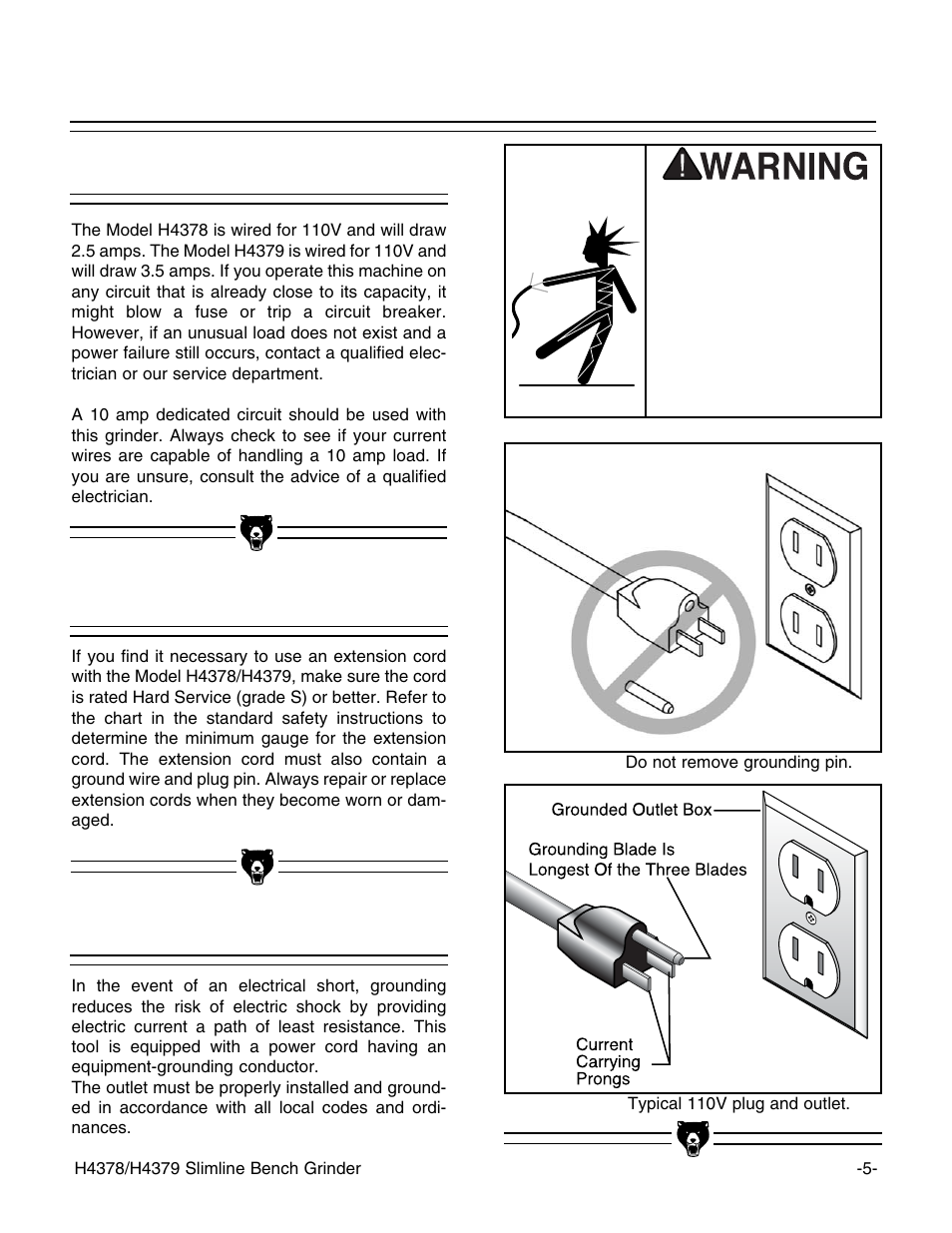 110v operation, Extension cords grounding | Grizzly G7298 User Manual | Page 7 / 28