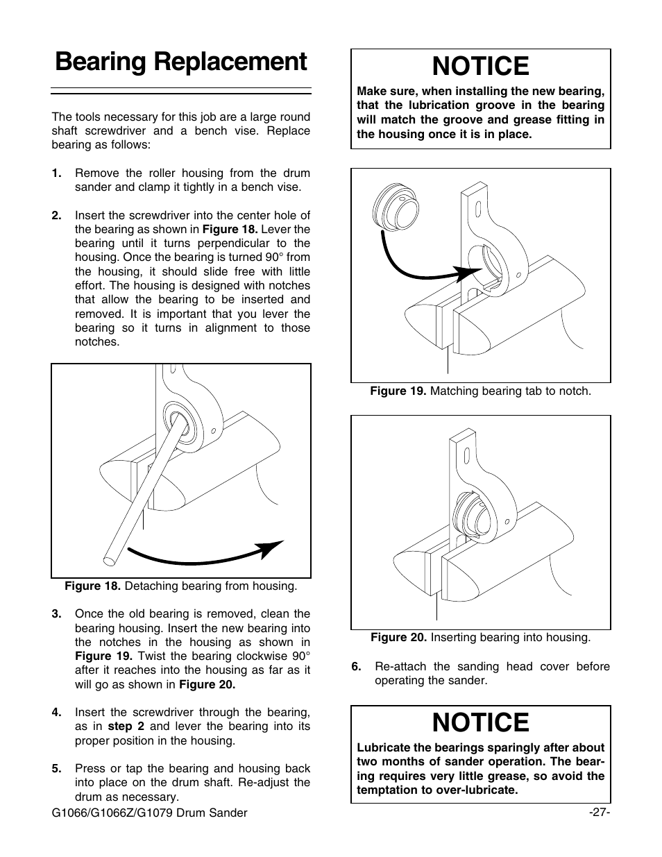 Bearing replacement, Notice | Grizzly G1066 User Manual | Page 29 / 54