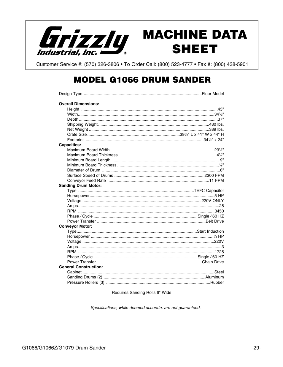 Machine data sheet, Model g1066 drum sander | Grizzly G1066 User Manual | Page 31 / 54