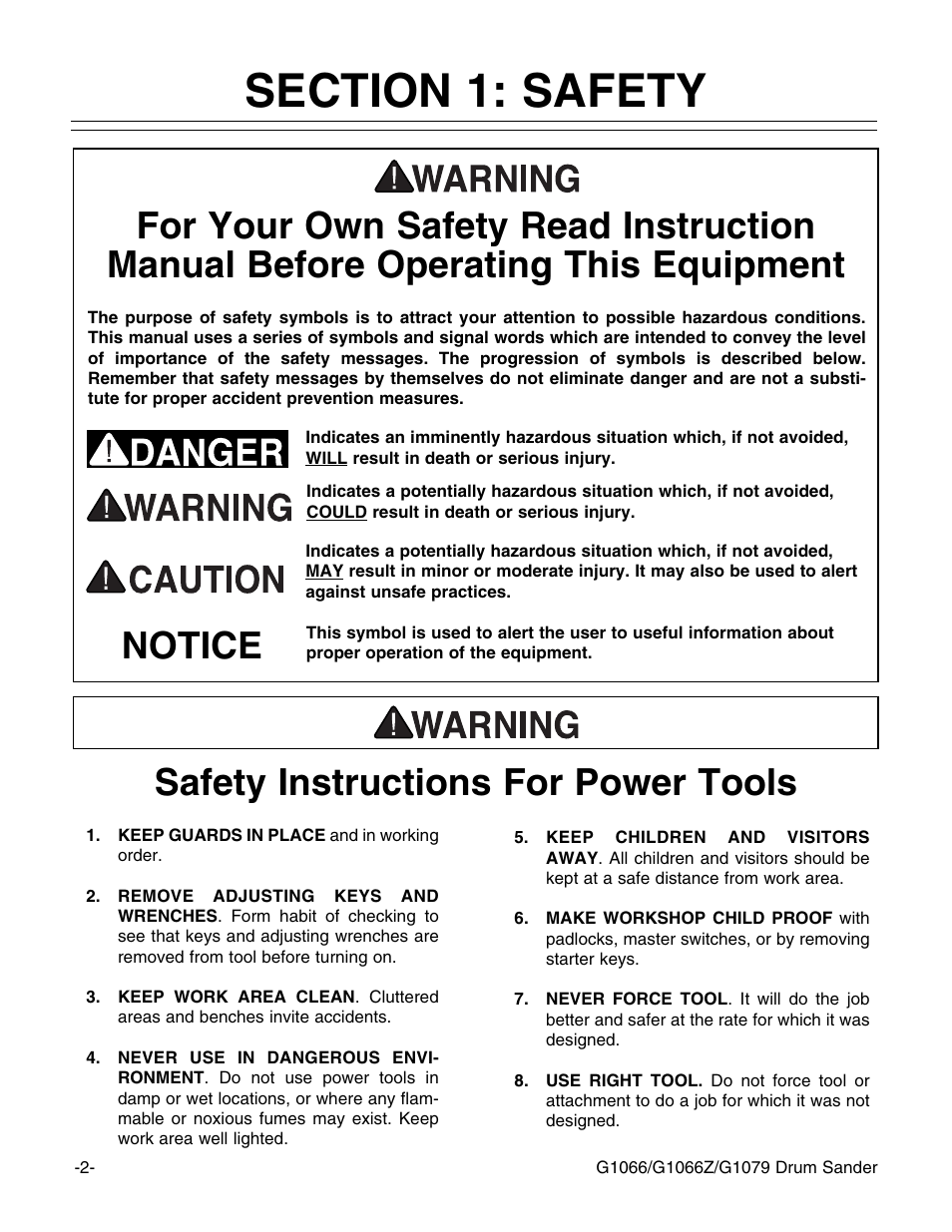 Safety instructions for power tools, Notice | Grizzly G1066 User Manual | Page 4 / 54