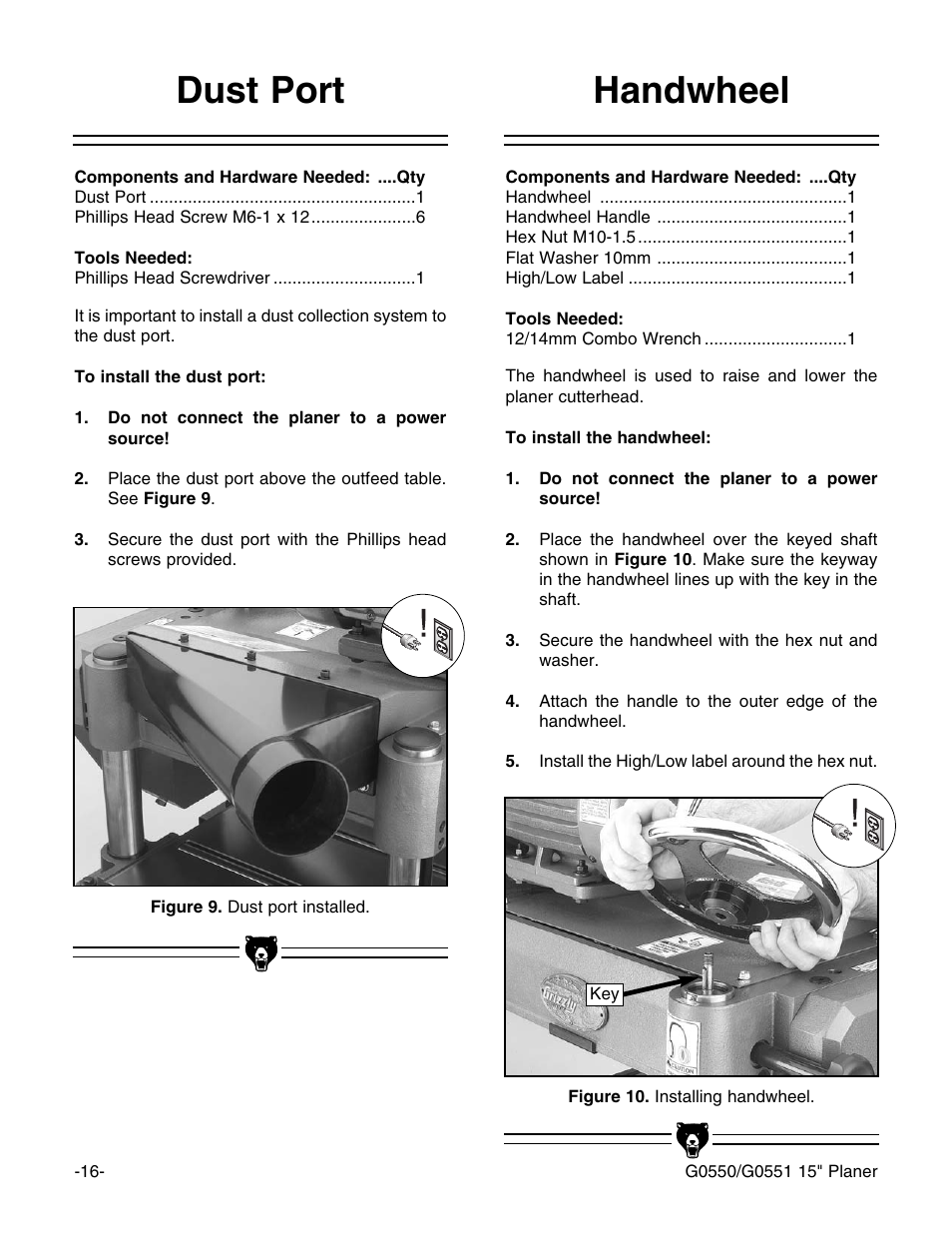 Handwheel, Dust port | Grizzly G0550/G0551 User Manual | Page 18 / 56