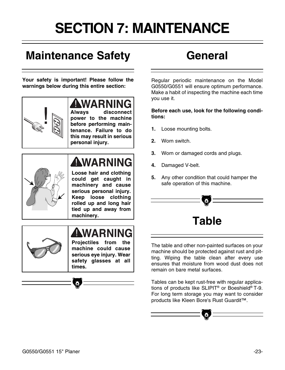 Table general maintenance safety | Grizzly G0550/G0551 User Manual | Page 25 / 56