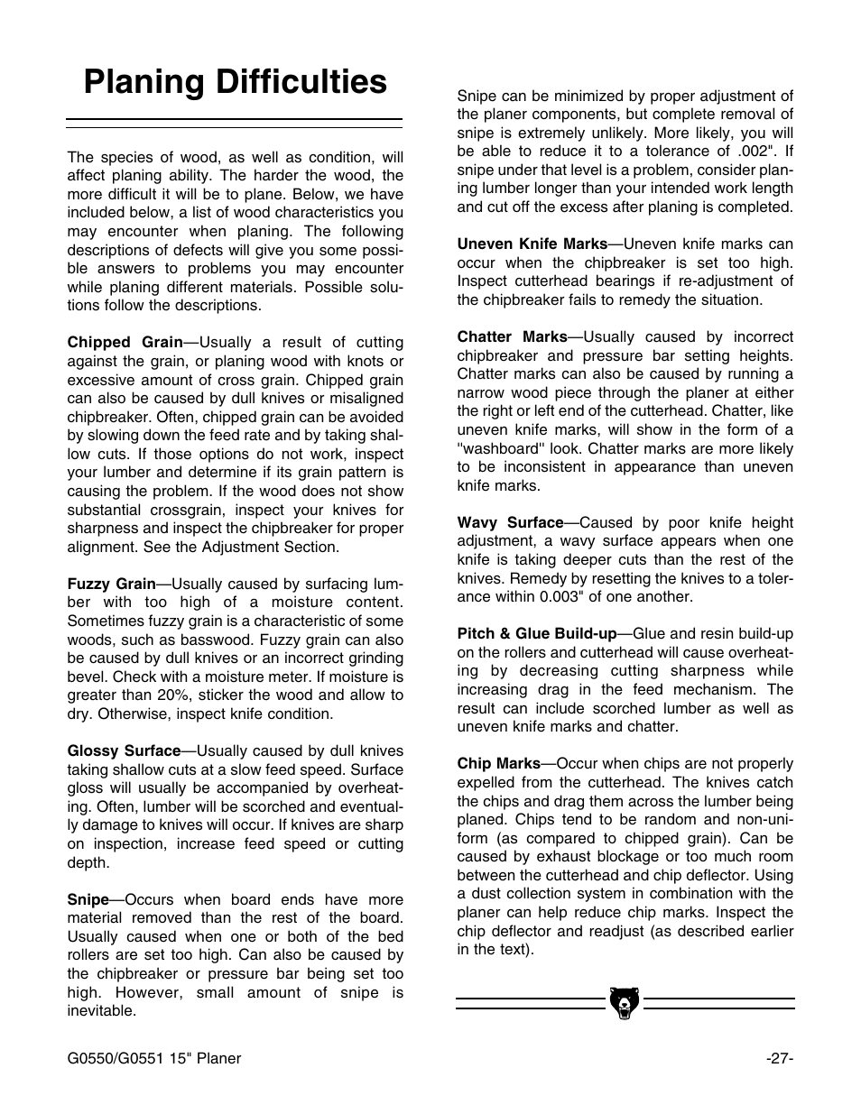 Planing difficulties | Grizzly G0550/G0551 User Manual | Page 29 / 56