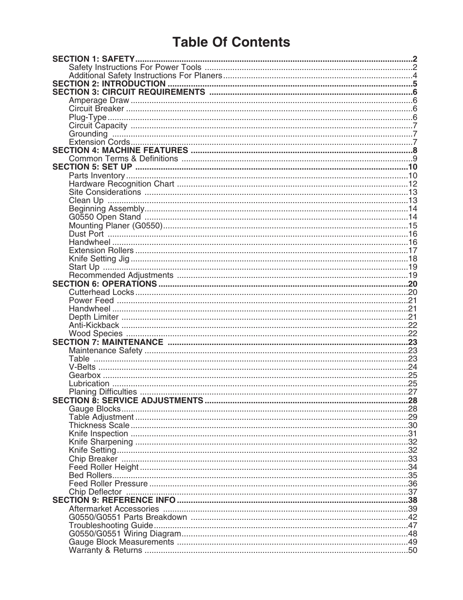 Grizzly G0550/G0551 User Manual | Page 3 / 56