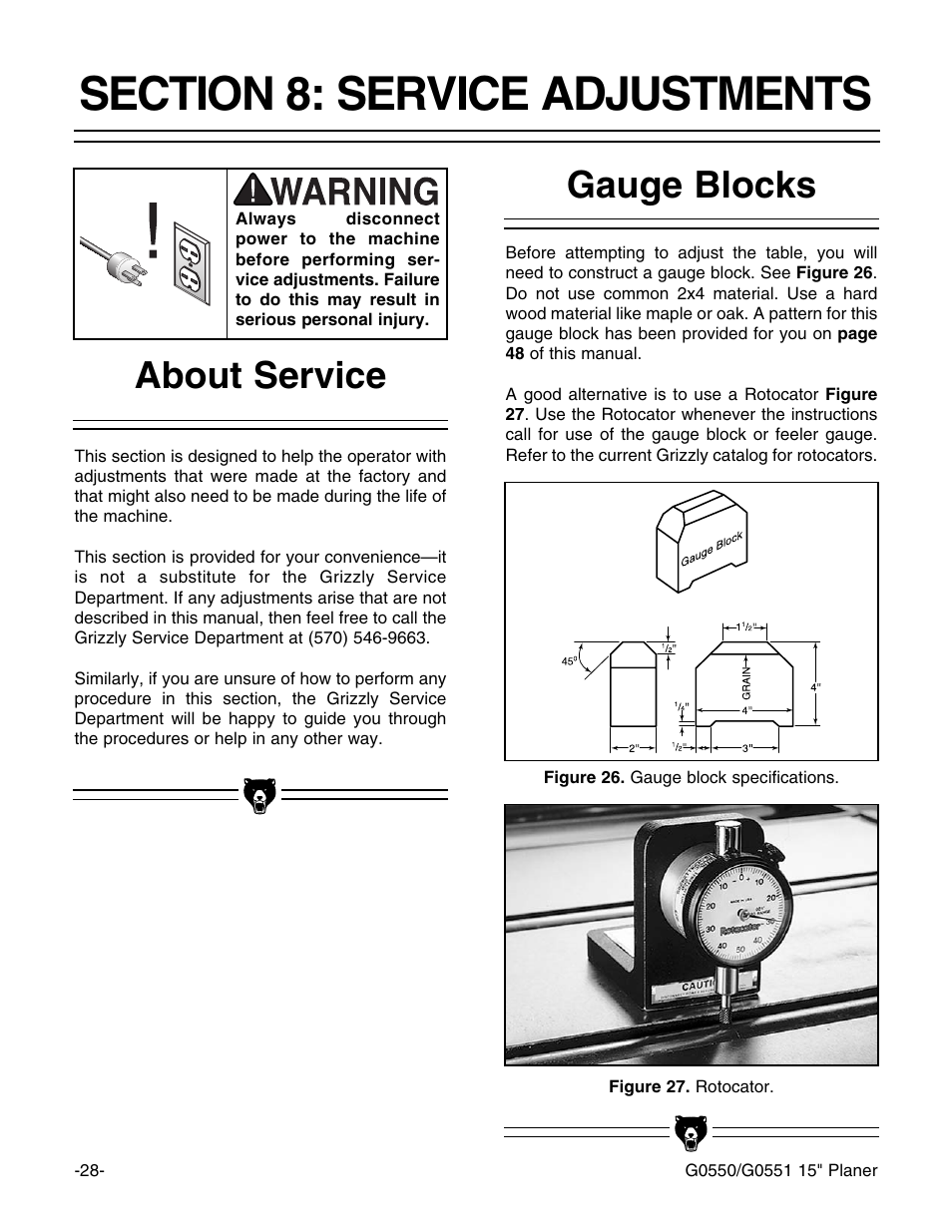 Gauge blocks about service | Grizzly G0550/G0551 User Manual | Page 30 / 56