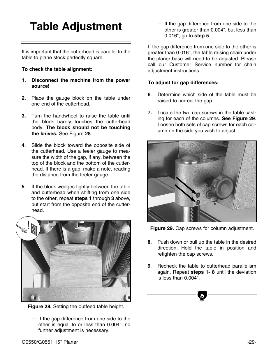 Table adjustment | Grizzly G0550/G0551 User Manual | Page 31 / 56