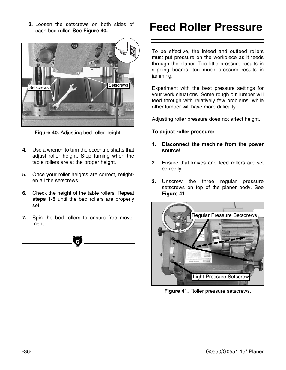 Feed roller pressure | Grizzly G0550/G0551 User Manual | Page 38 / 56